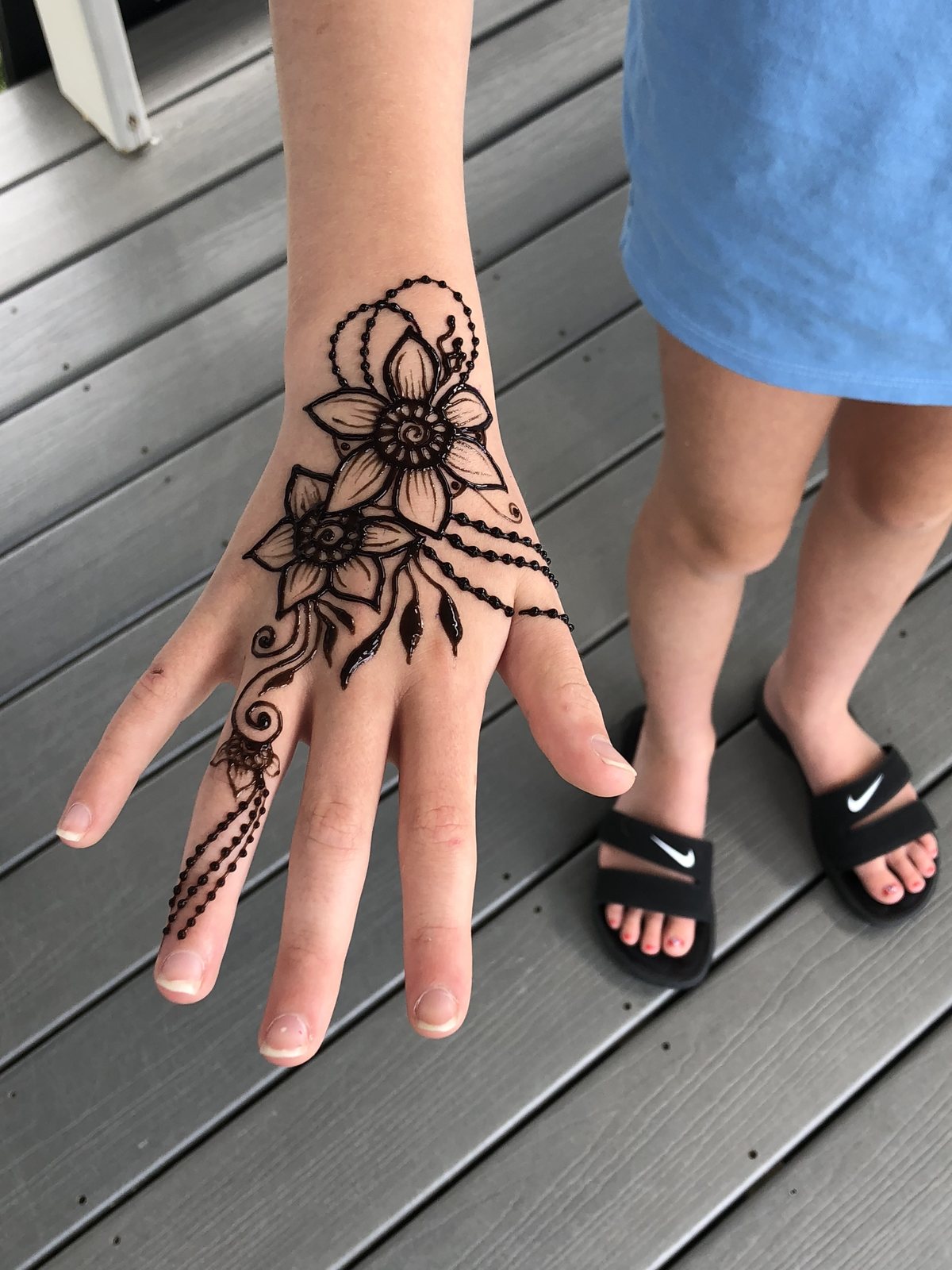 A delicate henna design drawn across a hand